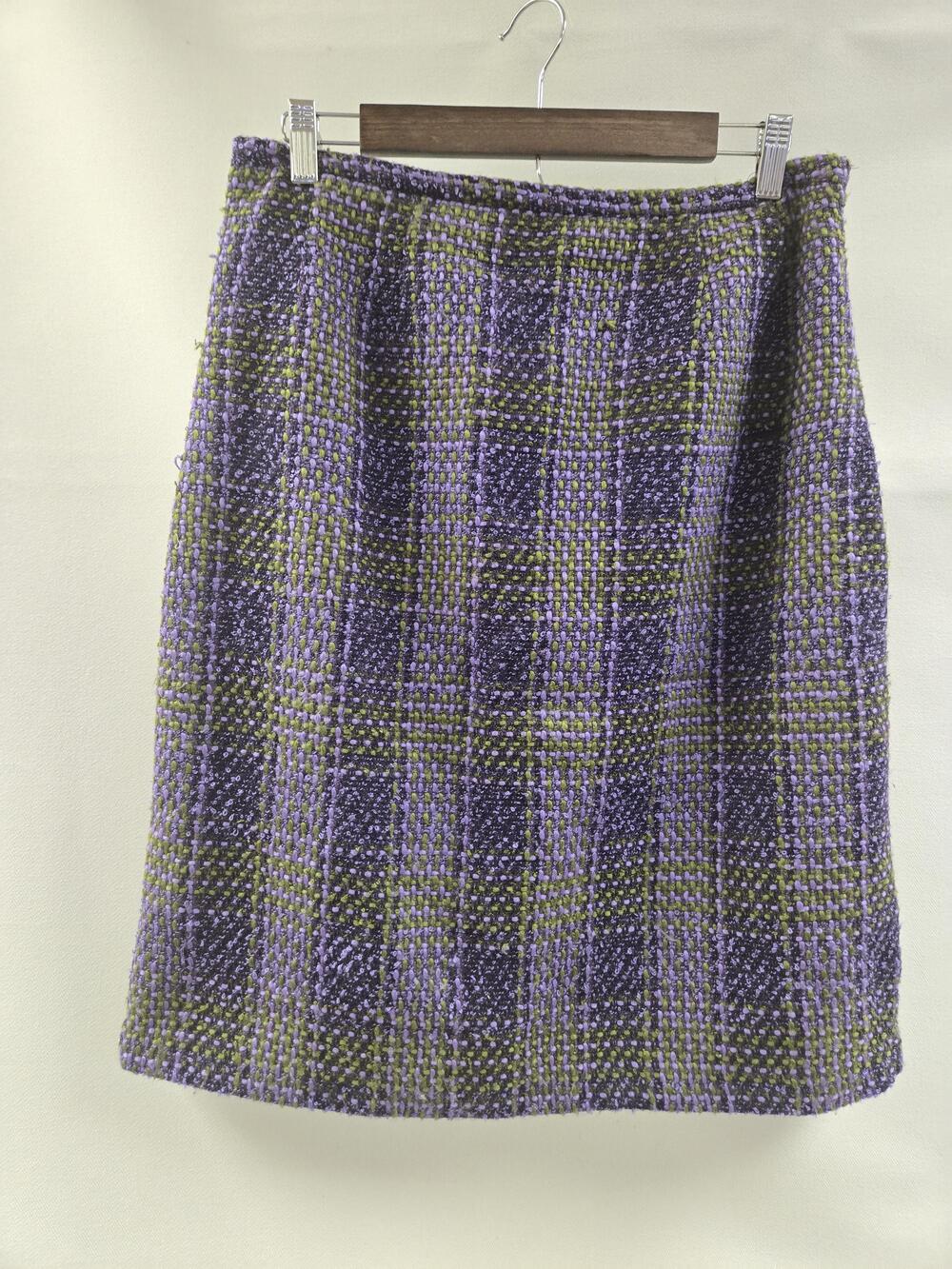 Plaid Skirt Womens 14 Purple Green Boucle Tweed Lined Back Slit Retro Acrylic